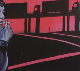 Illustration of a man smoking a cigarette in a parking lot under an overpass with trucks on it.