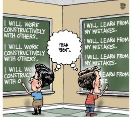 Justin Trudeau and Pierre Poilievre as young students write lines on the blackboard in detention. Poilivre: I will work constructively with others; Trudeau: I will learn from my mistakes. 