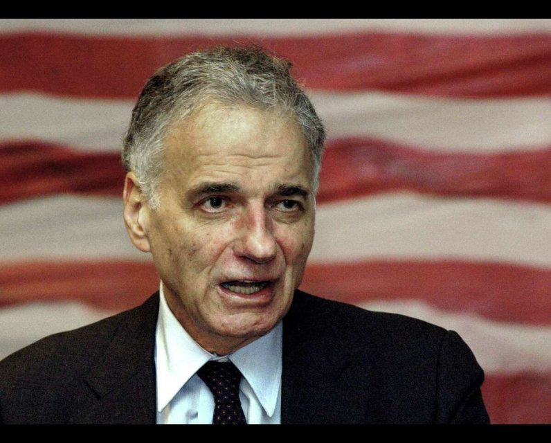 Ralph Nader in front of an American flag