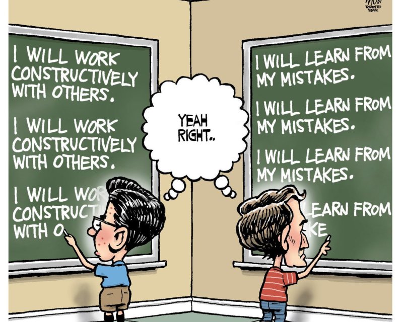 Justin Trudeau and Pierre Poilievre as young students write lines on the blackboard in detention. Poilivre: I will work constructively with others; Trudeau: I will learn from my mistakes. 