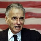 Ralph Nader in front of an American flag