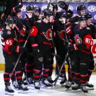 Ottawa Senators crowd around Brady Tkachuk (7) after his overtime goal against the Pittsburgh Penguins in an NHL hockey game Wednesday, Jan. 18, 2023, in Ottawa, Ontario. (Sean Kilpatrick/The Canadian Press via AP)(Sean Kilpatrick / Associated Press)