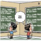 Justin Trudeau and Pierre Poilievre as young students write lines on the blackboard in detention. Poilivre: I will work constructively with others; Trudeau: I will learn from my mistakes. 