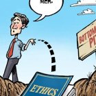 Cartoon of Justin Trudeau tossing a book on Ethics into a bottomless pit